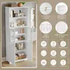 A white bathroom cabinet with various shelves and doors, showcasing its storage capacity and features with overlaid text and icons. Náhled obrázku produktu