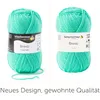 Two balls of green yarn are shown side-by-side against a white background. Each ball has a label with product information. Produktbild-Vorschau