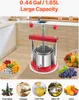 A red and silver fruit press is shown in a kitchen setting, with various fruits and food items displayed around it. Produktbild-Vorschau