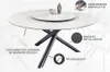 A round dining table with a marble-like top and a black metal base, featuring descriptive text and icons highlighting its features. Produktbild-Vorschau