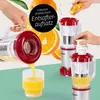 A marketing image showing a juicer and oranges, with juice being poured into a glass. Produktbild-Vorschau