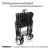 A folded black wagon with text overlays describing its features. Produktbild-Vorschau