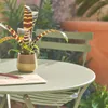 A small potted plant sits on a round green table with a notebook and pencil, with a blurred background of a garden setting. Produktbild-Vorschau