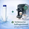 A water filter and a coffee machine are shown together, with text indicating improved coffee taste. Produktbild-Vorschau