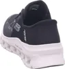 A rear view of a black Skechers slip-on shoe with a white sole. Voir les images du produit