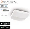A white square ceiling light is shown on a white background, with various compatibility logos and app store download buttons. Náhled obrázku produktu