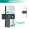 Product image showing an anthracite LED outdoor light with two rotatable light heads and a motion detector, with text and arrows highlighting its features. Produktbild-Vorschau