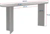A gray console table with dimensions shown. Voir les images du produit