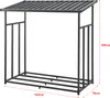 A black metal firewood rack with a sloped roof, shown against a white background with dimensions indicated. Voir les images du produit