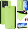 Collage of product images showing a green flip wallet case for a phone, with close-ups of its features and a phone inside. Produktbild-Vorschau