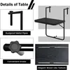 Collage of images detailing a black, foldable table with wood-like texture, highlighting its metal pipes and adjustment knobs. Náhled obrázku produktu