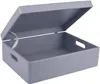 An open gray wooden storage box with handles, shown against a white background. Produktbild-Vorschau