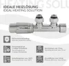 Marketing image showing a radiator valve set with feature callouts. Produktbild-Vorschau
