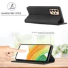 A person's hand is touching a smartphone screen, which is inside a black wallet-style phone case. The case is shown in both an upright and a laid-flat position. Produktbild-Vorschau