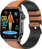 A smartwatch with a brown leather strap and a black band is displayed against a white background. The watch face shows health and fitness data. Náhled obrázku produktu