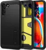 A black phone case with a yellow interior is shown from multiple angles, with a phone screen visible in one angle. Náhľad obrázku produktu