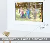 A projector is shown on a table, projecting an image onto a screen. The image on the screen shows a family in a park. Distances are indicated on the screen. Produktbild-Vorschau