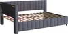 A dark gray upholstered bed frame with a slatted mattress support is shown against a white background. Náhled obrázku produktu