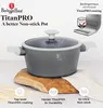 A Berlinger Haus TitanPRO non-stick pot is displayed on a wooden board, with marketing text and icons highlighting its features. Podgląd zdjęcia produktu