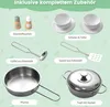 A collection of toy kitchen accessories laid out on a green background with decorative elements. Náhled obrázku produktu