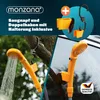 Collage showing a camping shower being used in different outdoor settings, with product features highlighted. Produktbild-Vorschau