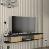 A wall-mounted TV stand with a television on it, against a ribbed wall. Podgląd zdjęcia produktu