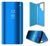 A collage of images showing a blue flip case for a smartphone, with one image showing the case closed and displaying the time, another showing the case open, and a third showing the case in use as a stand. Produktbild-Vorschau