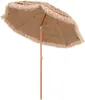 A tan beach umbrella with fringe detailing and a wooden pole, isolated on a white background. Produktbild-Vorschau