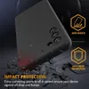 A black phone case is shown in a dynamic pose, appearing to be dropped and shattering the ground around it. Text overlays highlight its protective features. Podgląd zdjęcia produktu