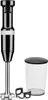 A black KitchenAid immersion blender with its accessories, including a beaker and a blade guard, is displayed against a white background. Produktbild-Vorschau