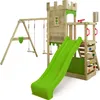 A wooden playground set with a slide, swings, and a climbing wall, set against a white background. Anteprima dell’immagine prodotto