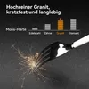 A dark, speckled surface with a fork creating sparks, and a bar chart illustrating hardness. Produktbild-Vorschau