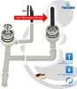 Diagram showing two sink strainer assemblies and their connecting pipes, with an arrow pointing to a tool for installation. Produktbild-Vorschau