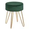 A dark green velvet stool with gold hairpin legs, shown against a white background. Produktbild-Vorschau