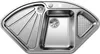A top-down view of a stainless steel corner sink with multiple compartments and drainers. Podgląd zdjęcia produktu
