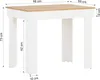 A white dining table with a wooden top, shown with dimensions indicated by measurement lines and text. Produktbild-Vorschau