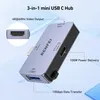 A 3-in-1 mini USB C Hub is shown with its features highlighted by text overlays. Produktbild-Vorschau