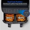 A close-up view of a dual-zone air fryer with food inside, showing the control panel and temperature settings. Produktbild-Vorschau