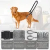 A dog is wearing a rear-leg support harness, with close-up shots of the product's features and a woman in the background. Produktbild-Vorschau