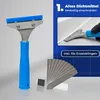 A set for removing silicone sealant, including a scraper and replacement blades, with an instructional graphic showing its use. Produktbild-Vorschau