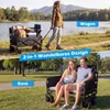 A split image showing a wagon being pulled by a person near a lake and a wagon converted into a bench with two people sitting on it in a park. Produktbild-Vorschau