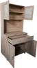 A light brown wooden kitchen buffet with glass doors on the upper cabinets and a pull-out drawer. Produktbild-Vorschau