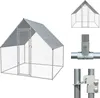 A large outdoor chicken coop with a grey fabric roof and wire mesh walls, shown from the front. Several close-up shots of the metal frame connectors and latch are also included on the right side of the image. Náhľad obrázku produktu