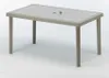 A rectangular outdoor dining table with a woven poly rattan base and a solid top, shown on a white background. Anteprima dell’immagine prodotto