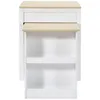 A white and light wood extendable dining table or bar table with two drawers and four shelves, shown from the front. Produktbild-Vorschau