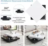 A collage of images showing a rotating coffee table with storage. Produktbild-Vorschau