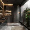 A modern bathroom with a walk-in shower, double sinks, and lush plants. Náhled obrázku produktu