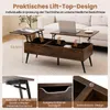 A coffee table with a lift-top design is shown in a living room setting, with close-up shots highlighting its features. Voir les images du produit