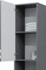 A close-up view of an open gray cabinet with white doors, showing shelves with folded white towels and a small container. Podgląd zdjęcia produktu