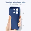 A hand holding a blue phone case with text overlay. Produktbild-Vorschau